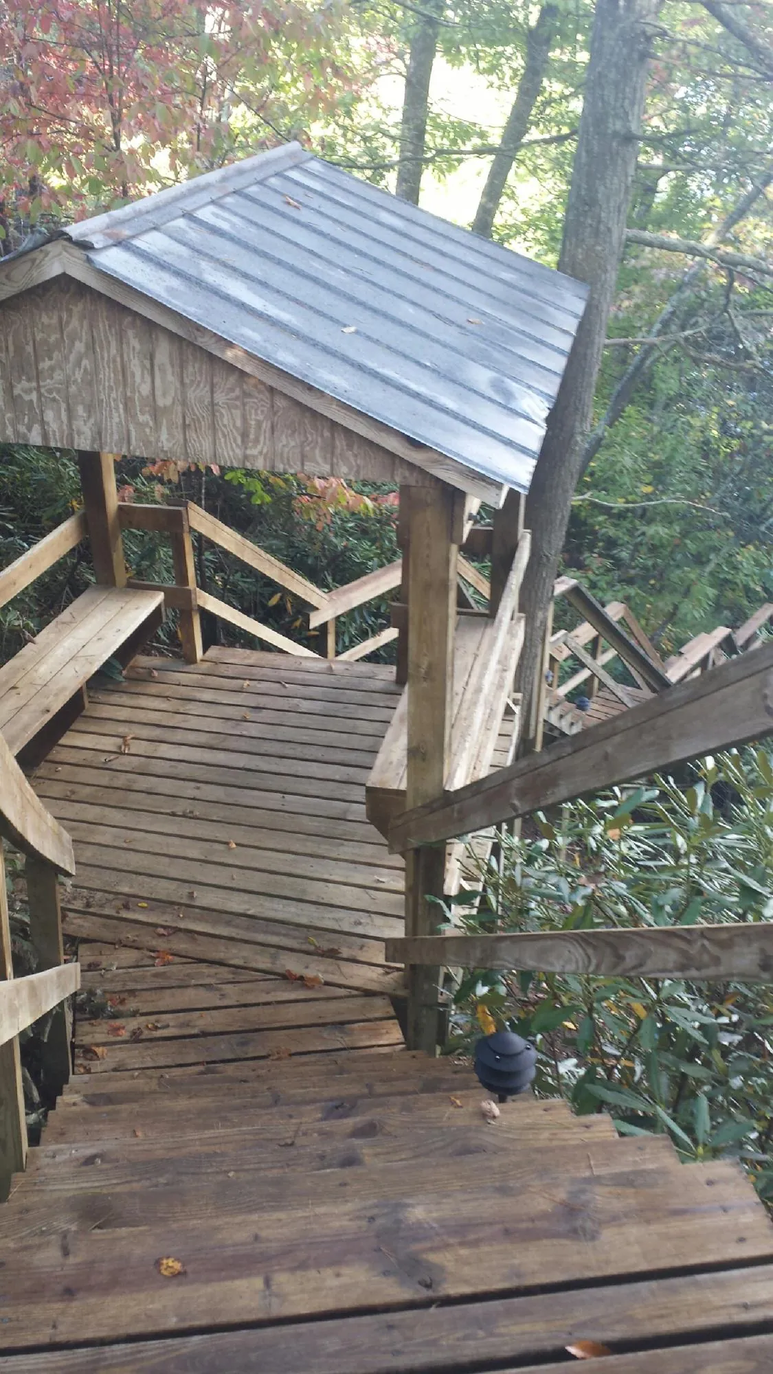 Metal roofed shelter over wooden steps on a wooded walkway — Skylight Repair & Installation work by our crew in Chattanooga